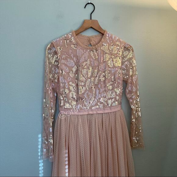 Needle & Thread Blush Pink Sequin Long Sleeve mesh Open Back Tulle Maxi Gown 6 - Picture 11 of 16